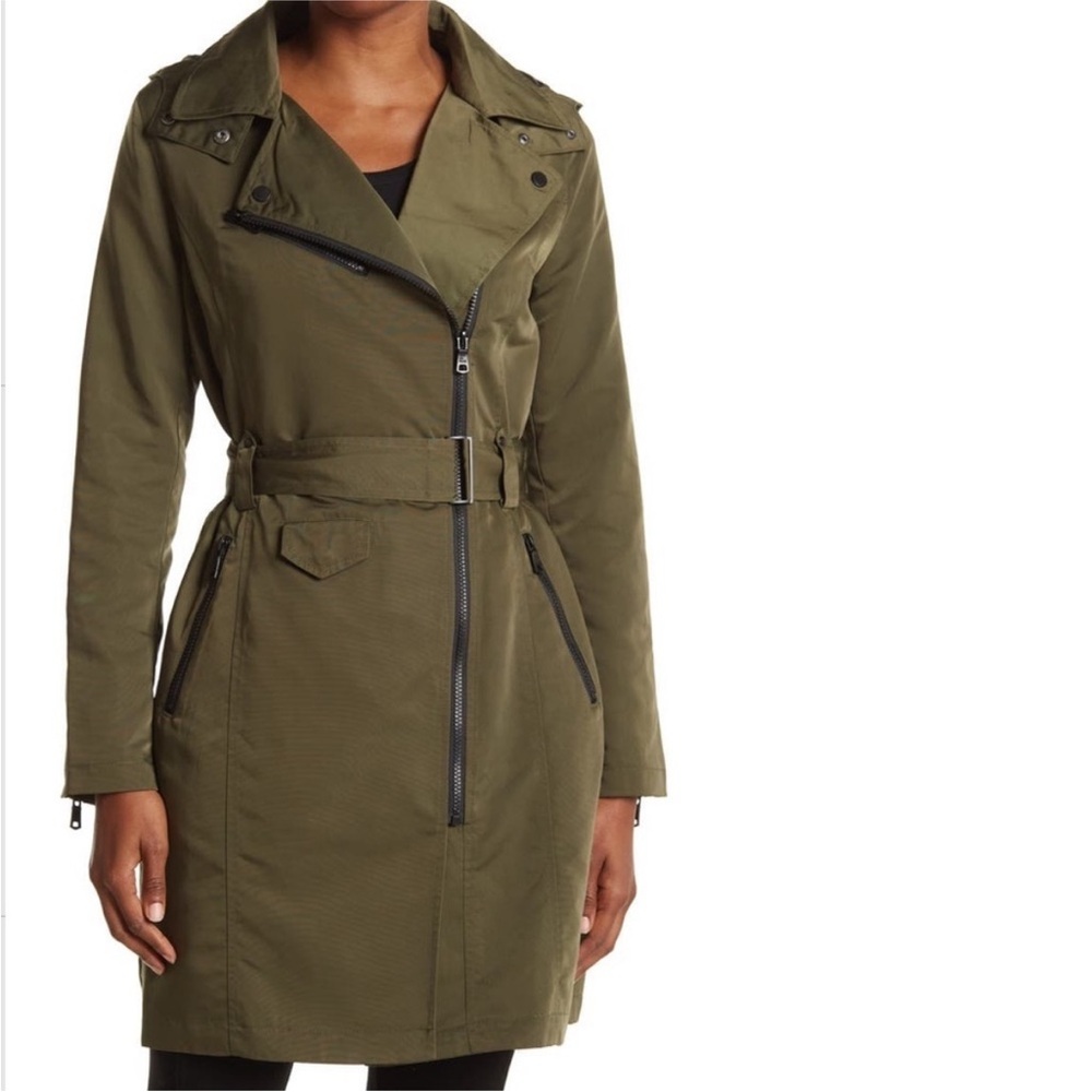 LARGE Avec Les Filles Water Resistant Moto Trench Coat Olive Military Green hood